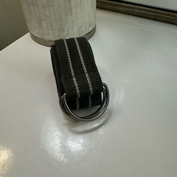 Army Green & Cream Canvas Striped Woven Double D Ring Belt - Picture 1 of 8